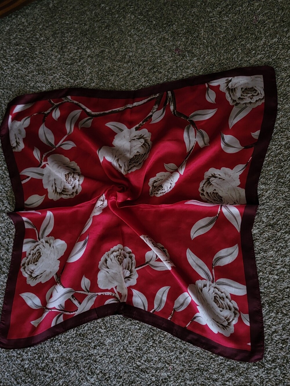 Wine Floral Satin Feel Square Scarf